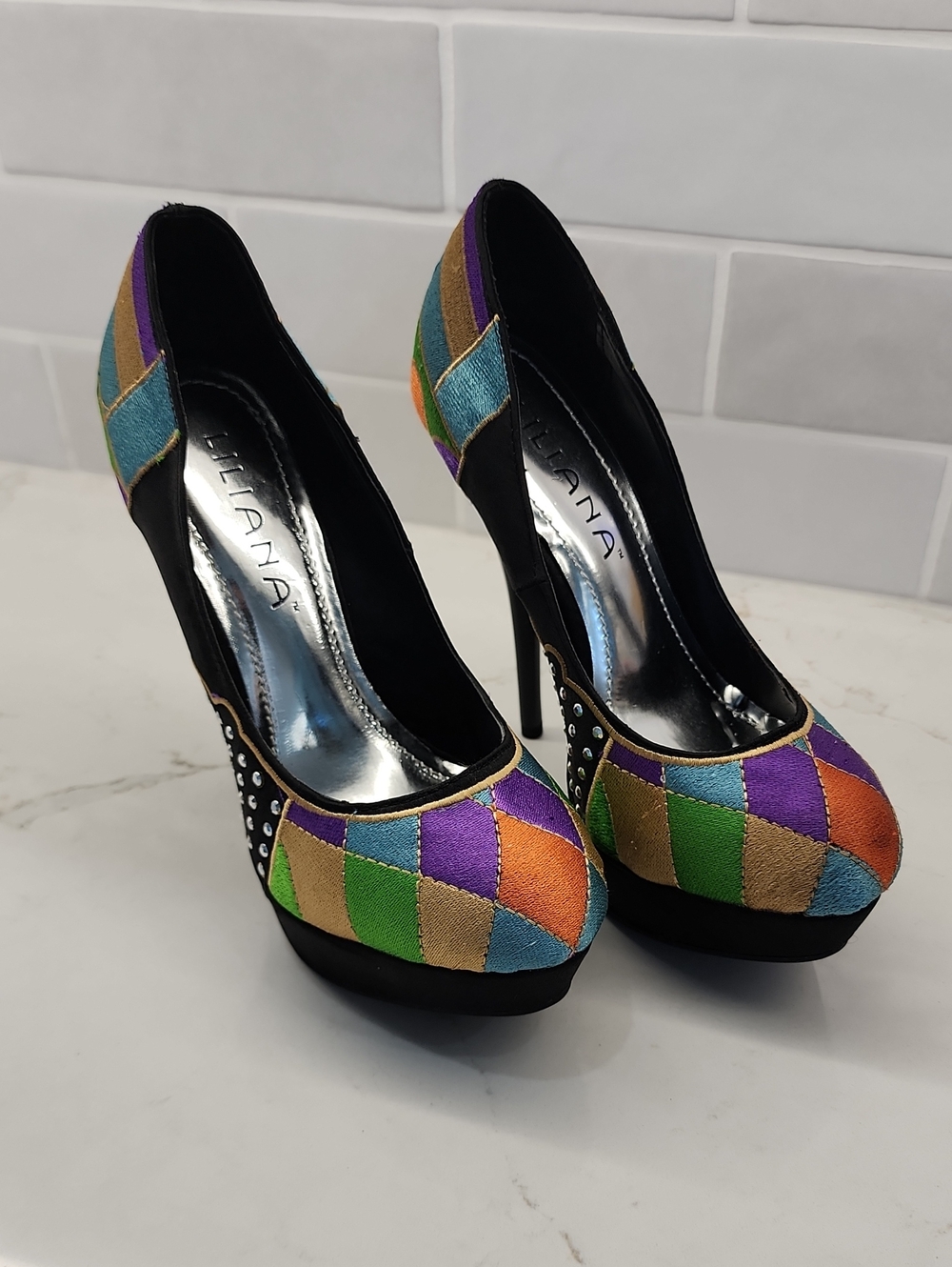 Liliana Multicolor Diamond Patchwork Stiletto Pumps